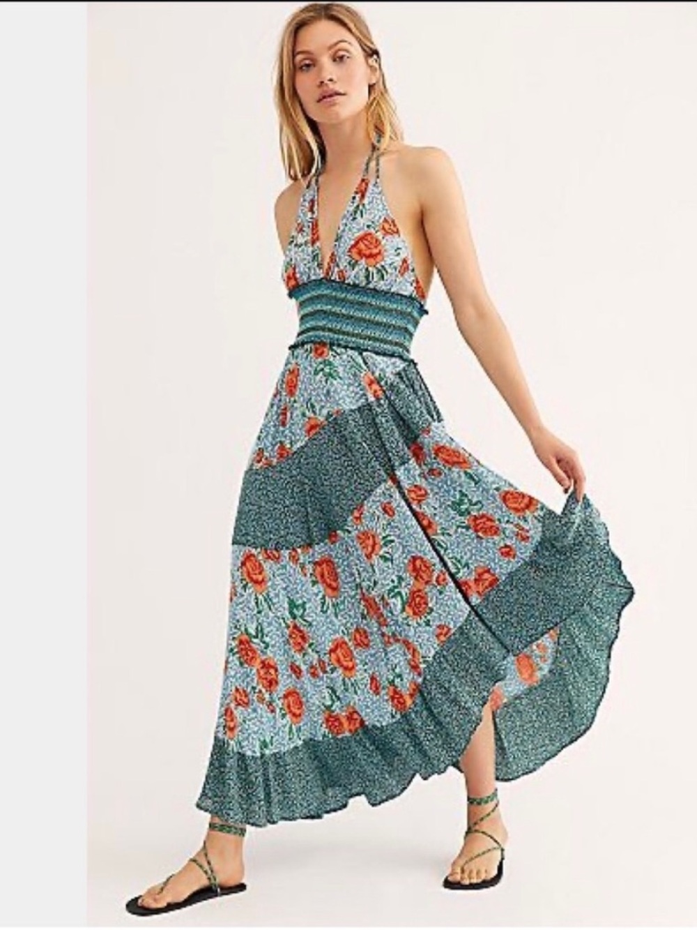 Free People Floral Smocked Boho Midi Halter Slip Dress S